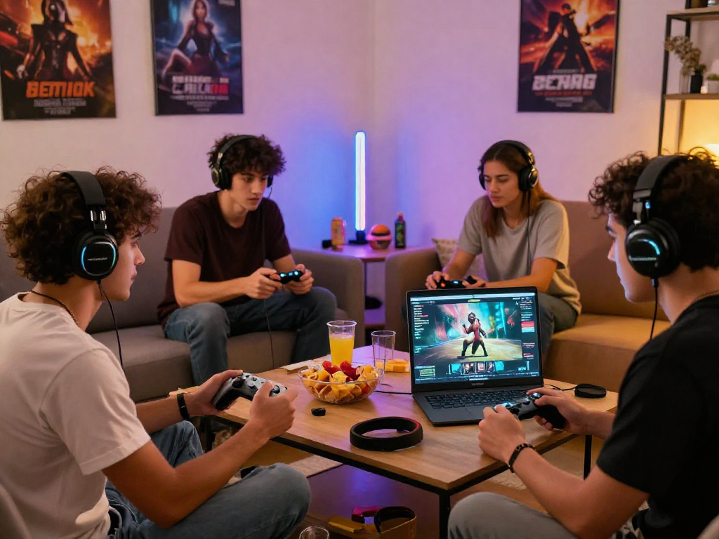 Youth enjoying degrees of lewdity adult games in a lively living room setting.