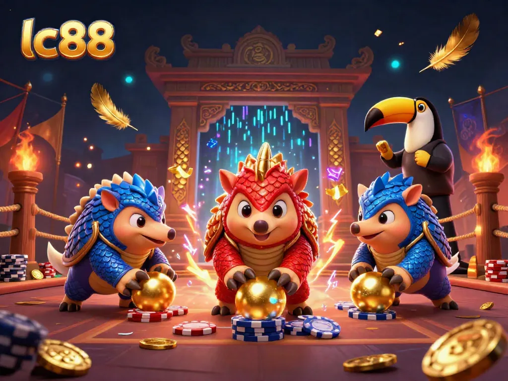 Experience exciting slot gaming with lc88 as rival pangolins compete amid vibrant casino elements.