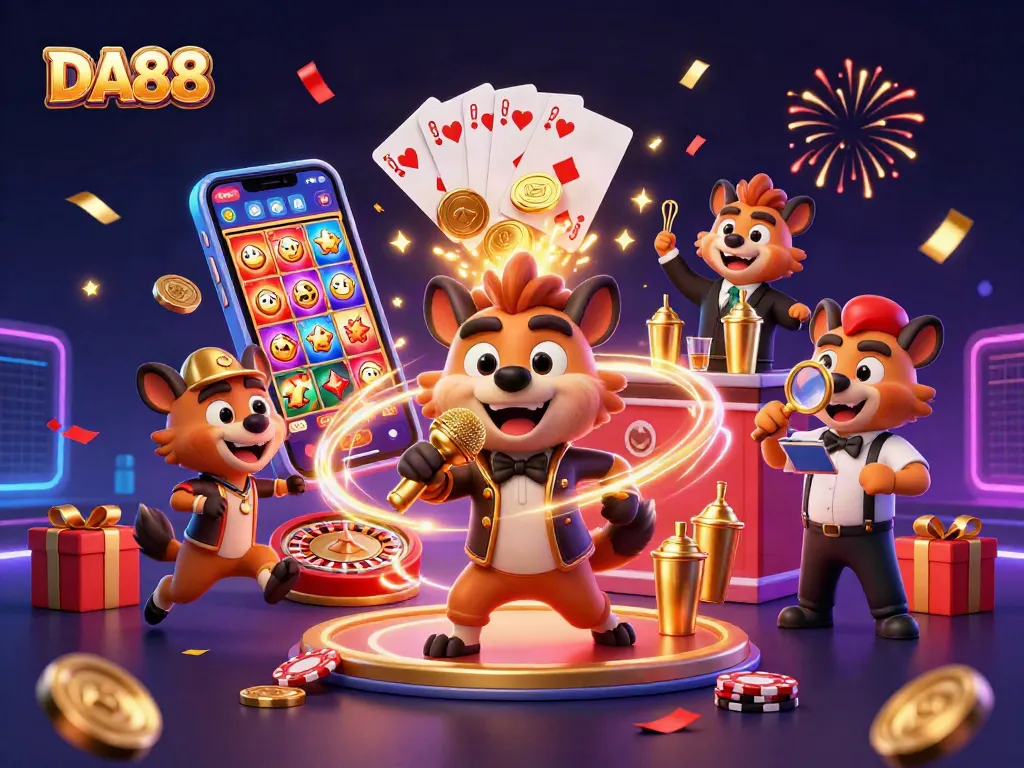 Engage in DA88's vibrant casino atmosphere with hyena characters, spinning slot reels, and festive elements.