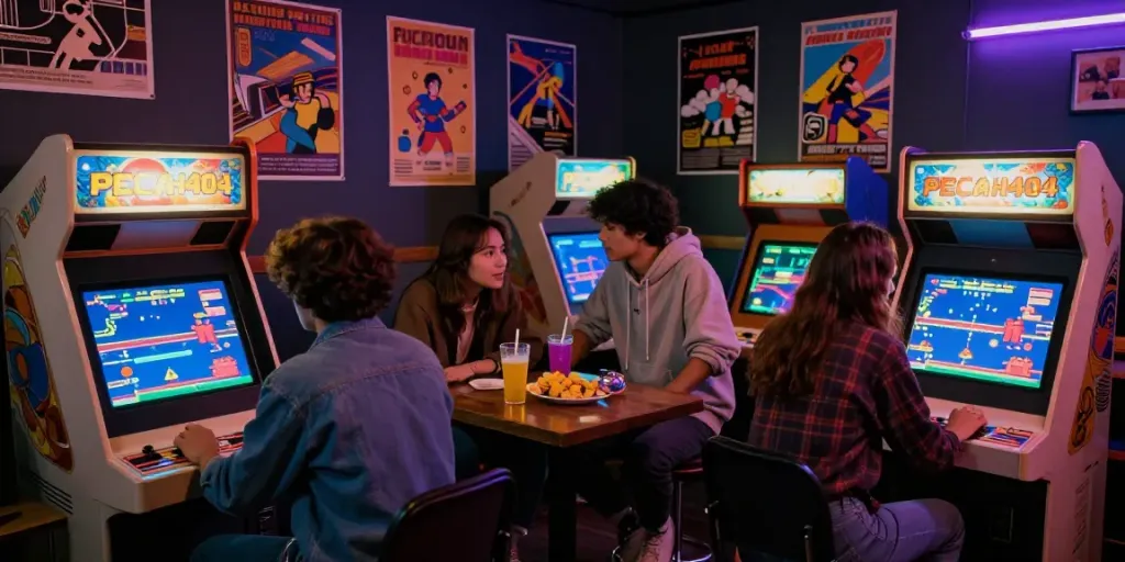 Friends enjoying PECAH404 classic arcade gaming in a vibrant retro scene.