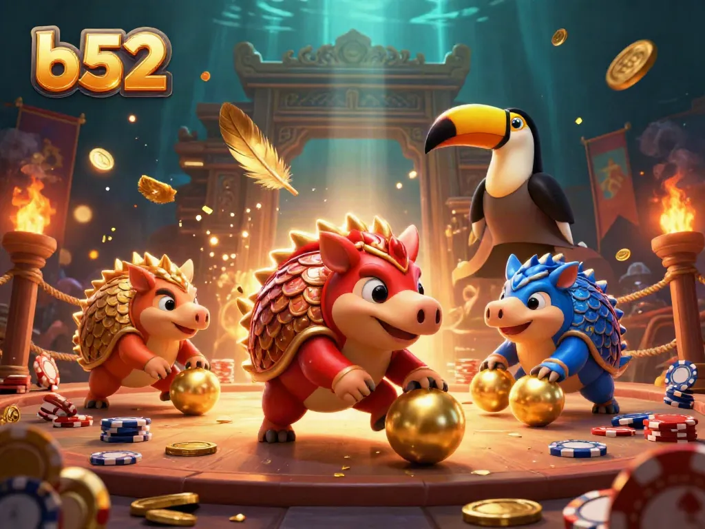 Engage in thrilling gameplay at B52 featuring dynamic pangolins rolling golden balls amidst poker chips.