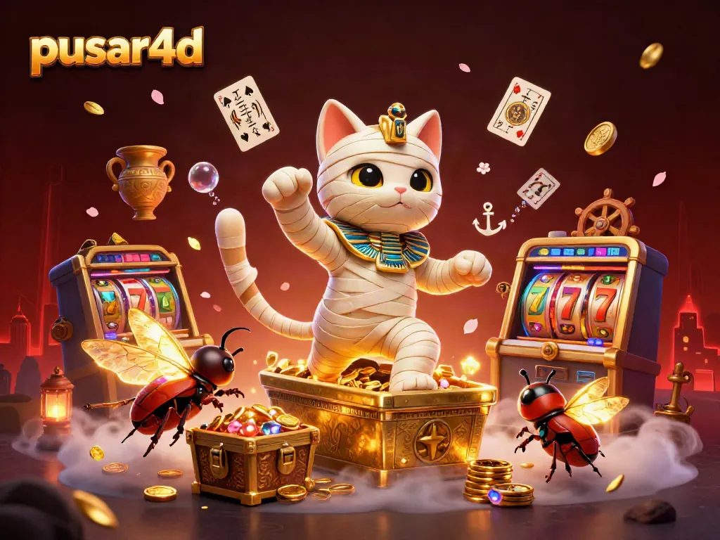 Engage with pusar4d's vibrant casino scene featuring a mummy cat surrounded by jackpots and treasures.