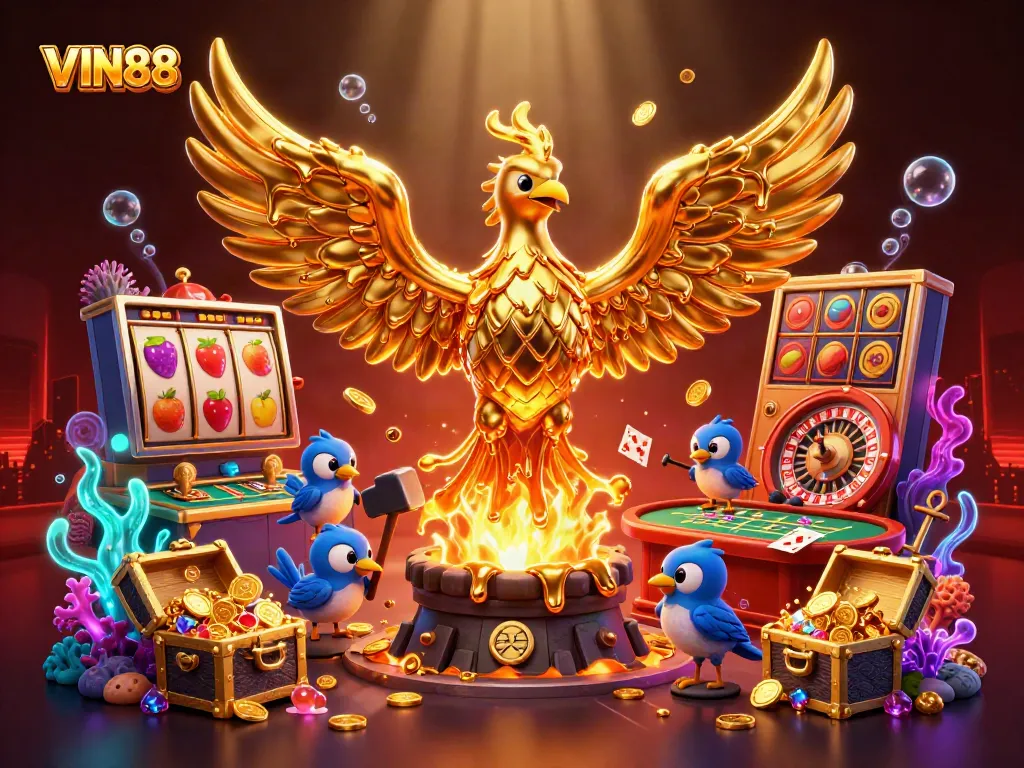 Experience exhilarating slots with VIN88's golden phoenix rising, showcasing vibrant casino elements.