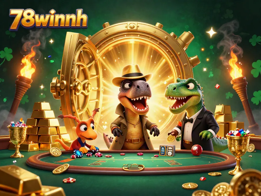 Experience thrilling gaming adventures at 78winnh with cartoon characters in a vibrant casino scene.