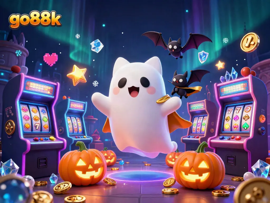 Engage in go88k gaming with a friendly ghost cat and vibrant casino elements.