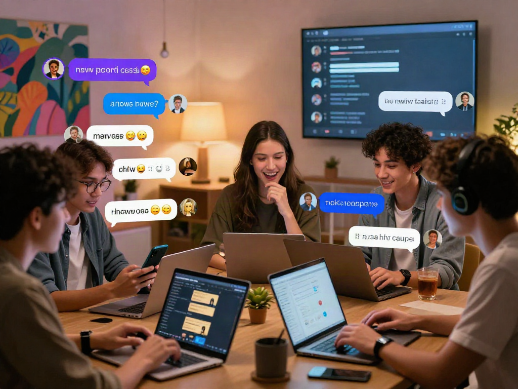 Engaging nsfw chat scene with users sharing memes and GIFs in a vibrant online environment