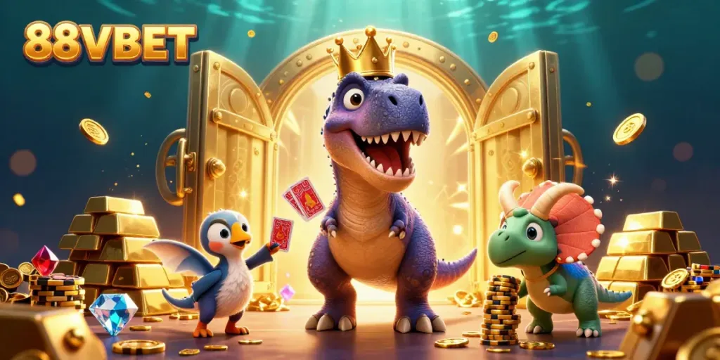 Experience the thrill of 88VBET with vibrant 3D cartoon characters in a dynamic casino scene.