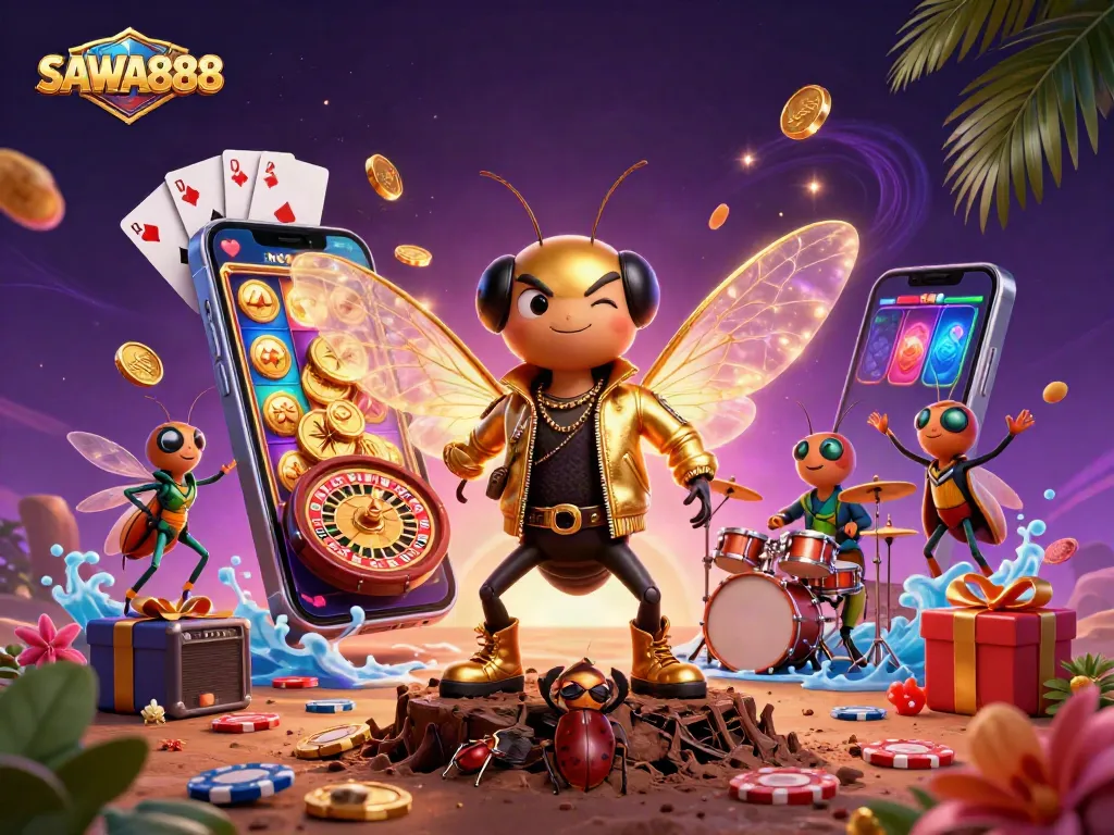 Engage with SAWA888's thrilling casino experience in this vibrant 3D illustration featuring rock star characters.