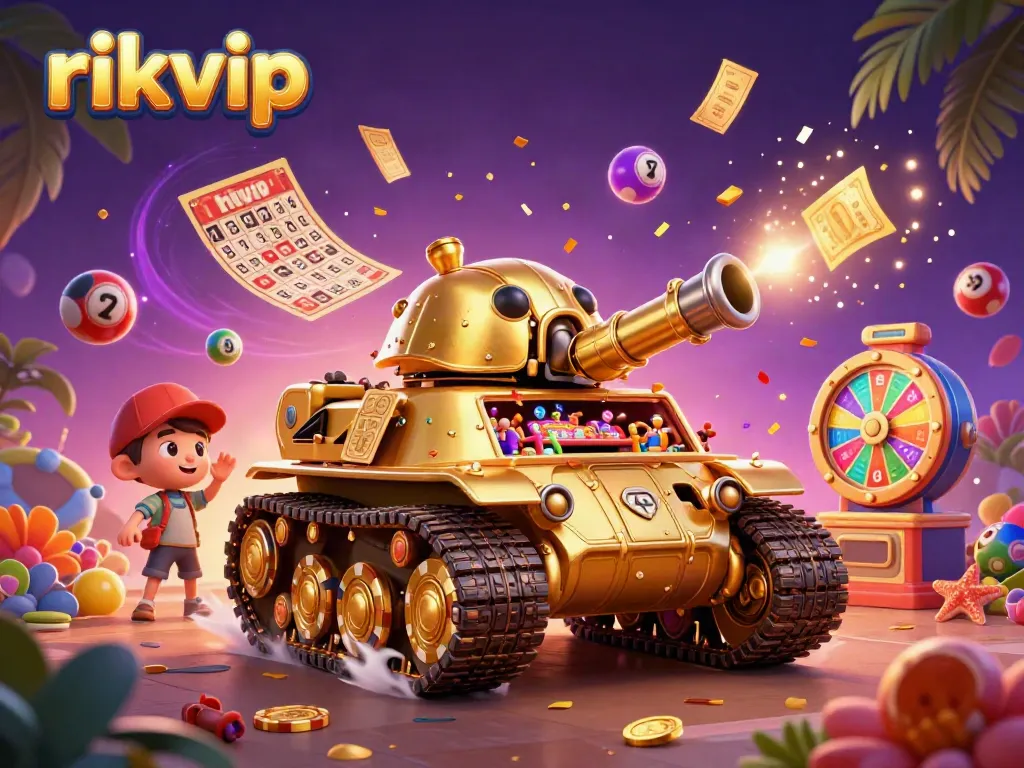 Experience thrilling games at rikvip with a vibrant casino scene featuring dynamic lottery balls and festive confetti.