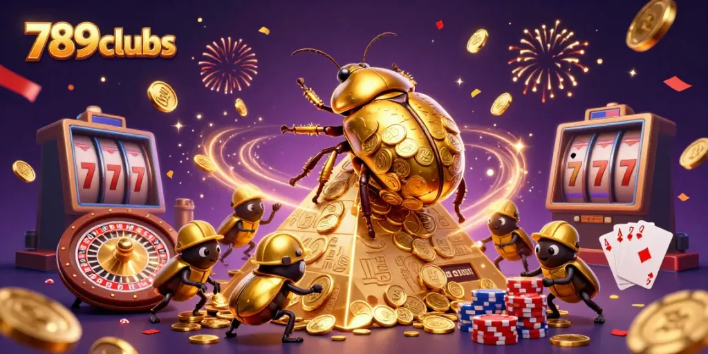 Experience thrilling gameplay with 789clubs' rich casino scene featuring golden beetles and shimmering coins.