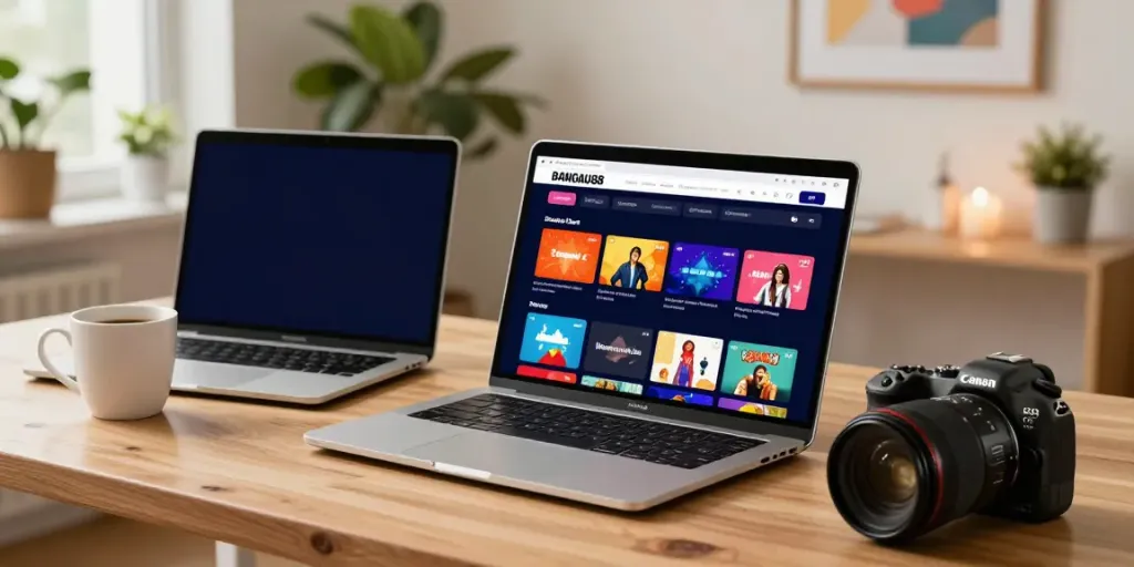 BANGAU88 digital entertainment platform user engaging in a cozy home office setup.