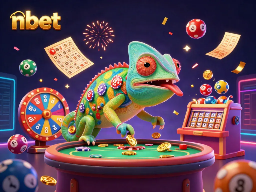 Experience the vibrant nbet casino atmosphere with a colorful chameleon owner and exciting game elements.