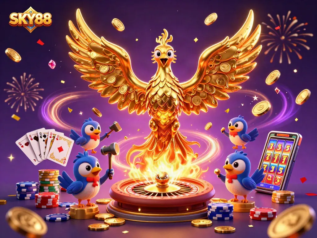 Join the excitement at SKY88 with a golden phoenix and poker elements in this dynamic illustration.