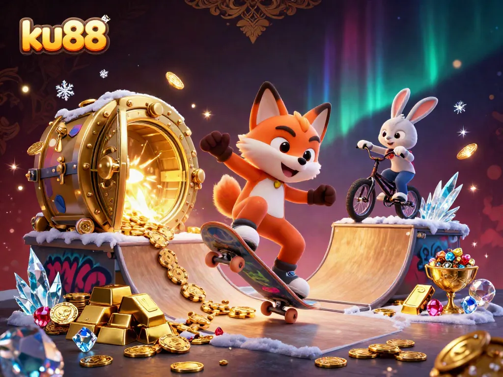 ku88 showcases a vibrant 3D scene of a skateboarder fox and BMX rabbit around casino treasures, illustrating fun gaming themes.
