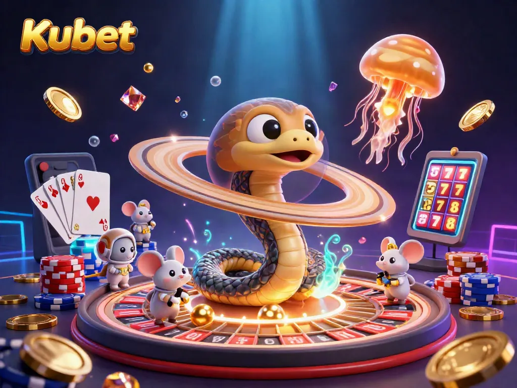 Kubet showcases a vibrant scene of a Saturn ring snake as a roulette wheel with astronauts betting, set in a glowing cosmic casino.