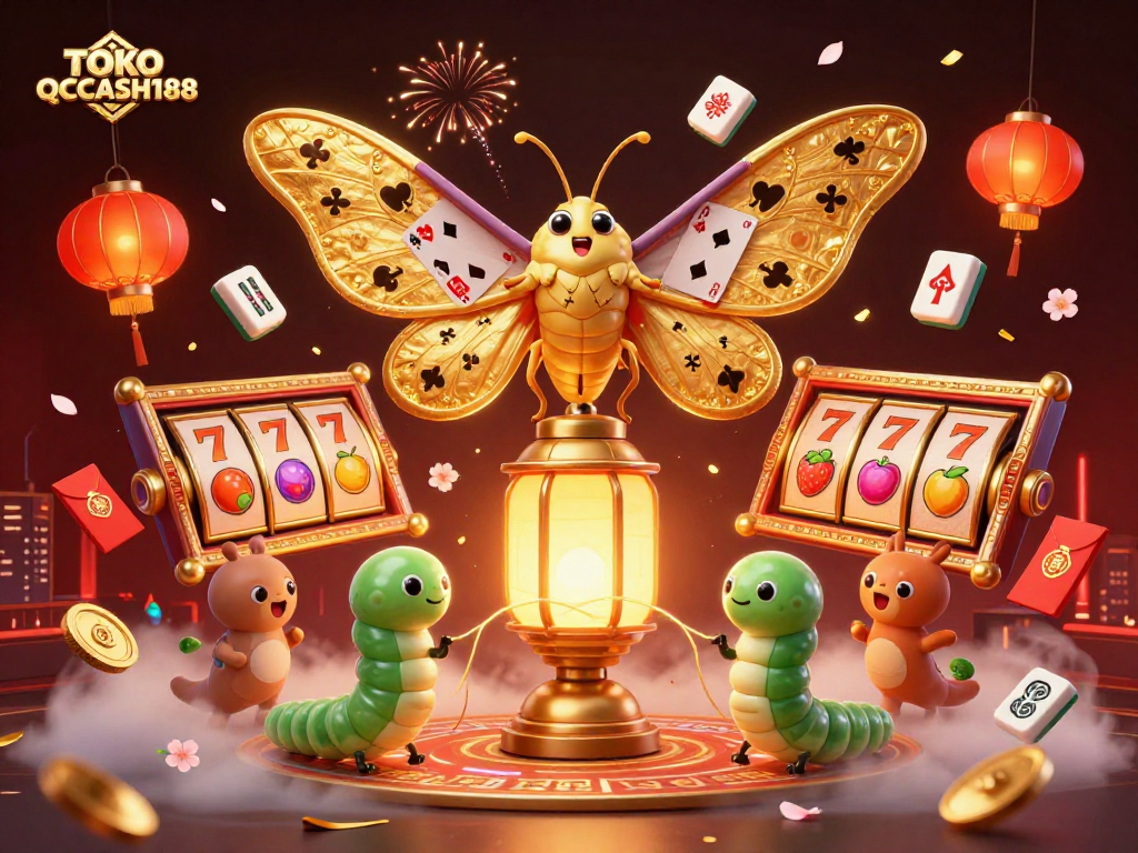 TOKO QQCASH188 offers an engaging casino experience with vibrant scenes of slots, cards, and festive elements.