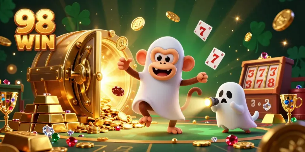 Experience the excitement of the 98 WIN casino with a playful monkey juggling coins amid a vibrant haunted scene.