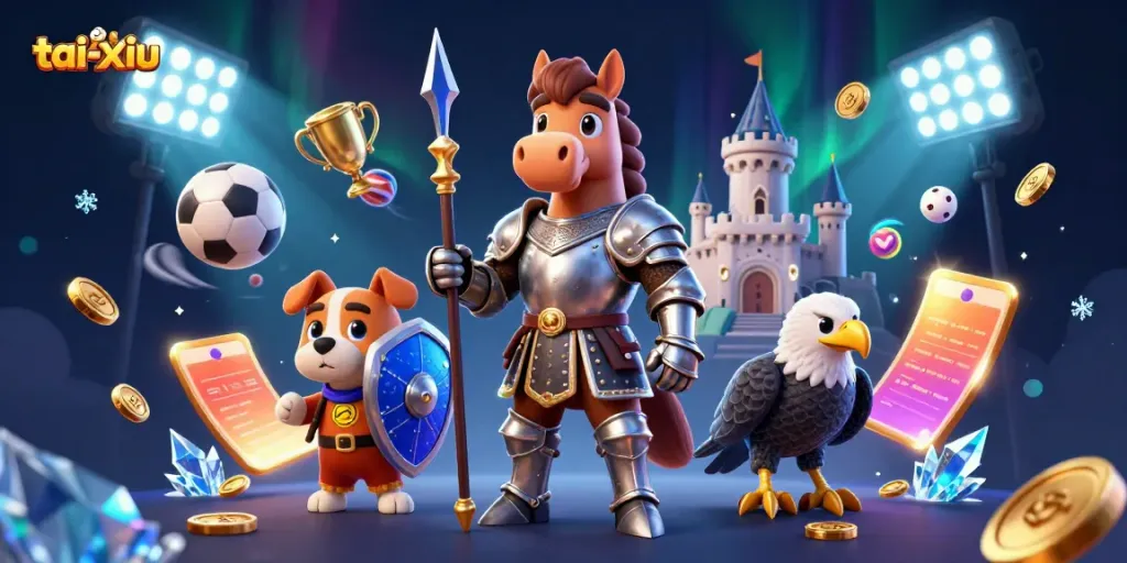 Engage in tai-xiu thrilling action with medieval knight, squire puppy, and falcon in a vibrant casino scene.