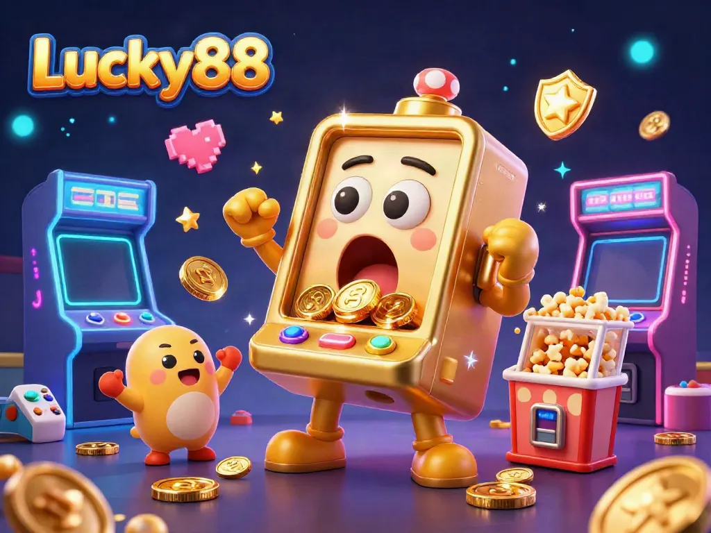 Experience vibrant wins with Lucky88 as a cartoon slot machine hits a jackpot with colorful casino elements.