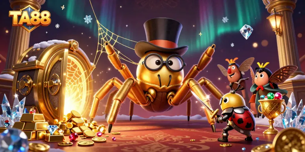 TA88 captures thrilling casino adventures with colorful characters and treasures in a vibrant scene.