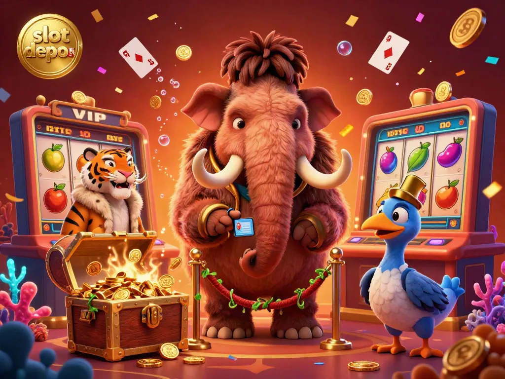Experience the thrill of slot depo 5k with cartoon characters in a vibrant, lively casino scene.