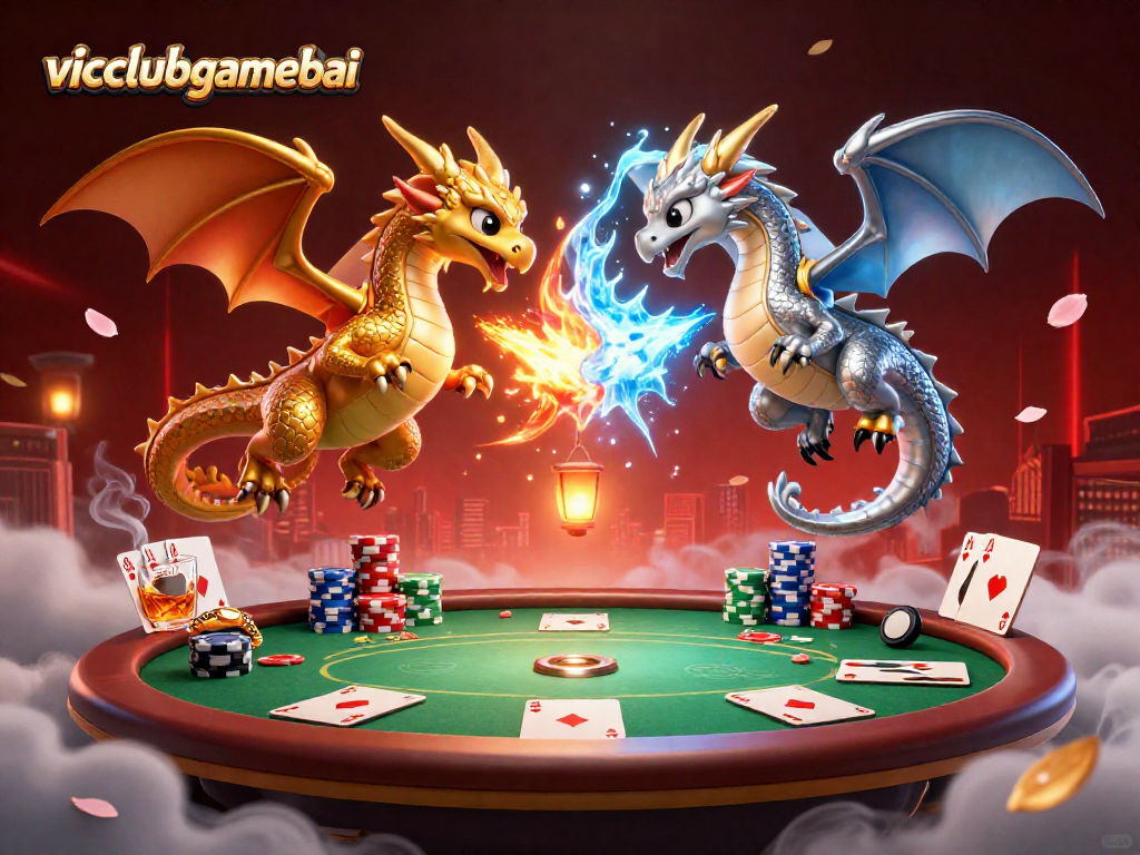 Experience thrilling gaming at vicclubgamebai with intertwined dragons engaging in a fiery poker showdown.