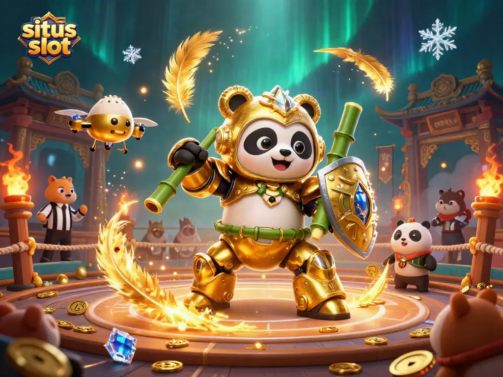 Engage in thrilling situs slot action with a captivating golden panda robot battling in a vibrant casino arena.