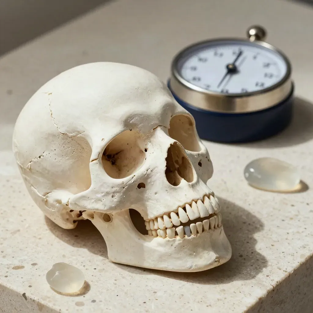 Bone-white model anatomiczny, przezroczyste znaczniki i minutnik na jasnym kamieniu.