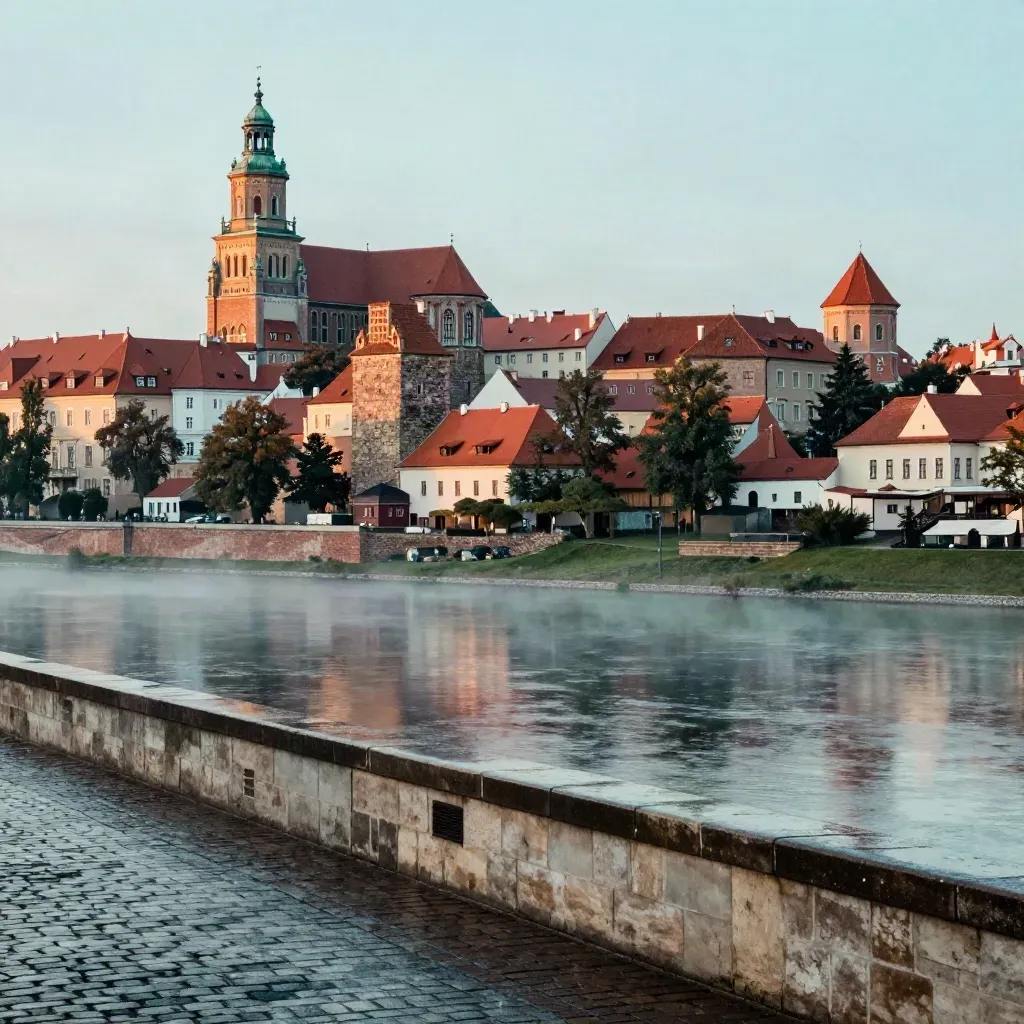 Wawel i panoramę Krakowa nad mglistą Wisłą po deszczu, w ciepłym świetle zmierzchu.