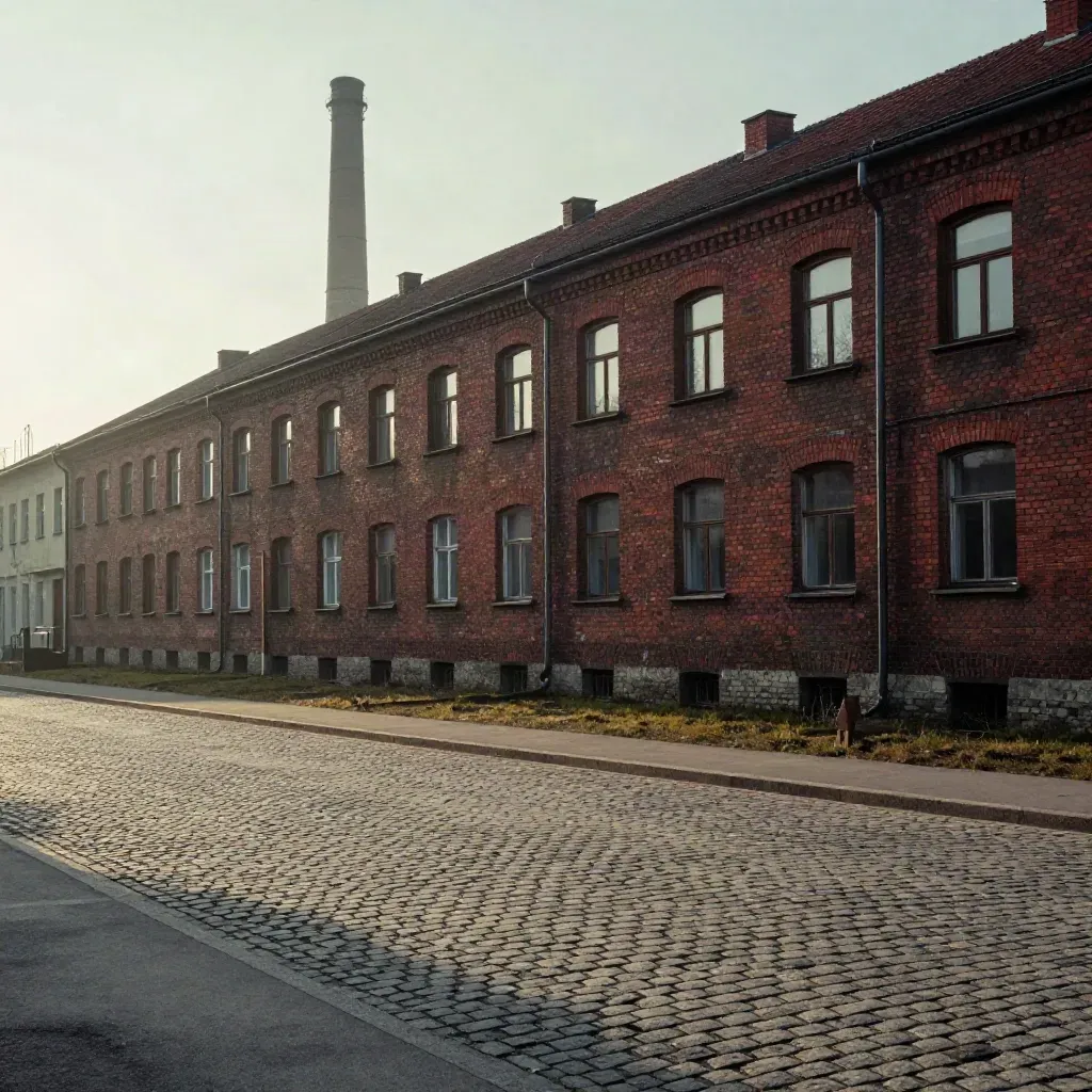 Nikiszowiec z kominem nad pustym, mglistym przedpole w ciepłym świetle