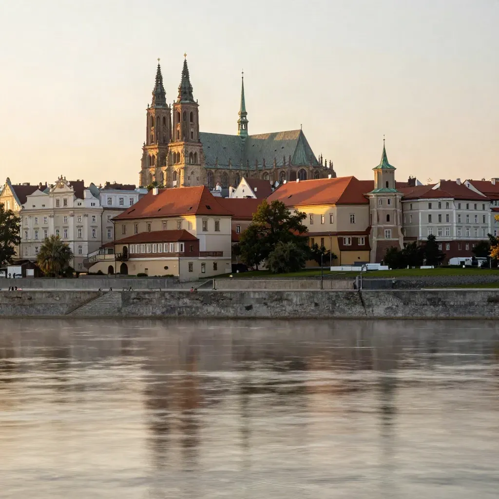 Wrocławskie wieże katedralne nad Odrą o zachodzie, we mgle i ciepłym świetle.