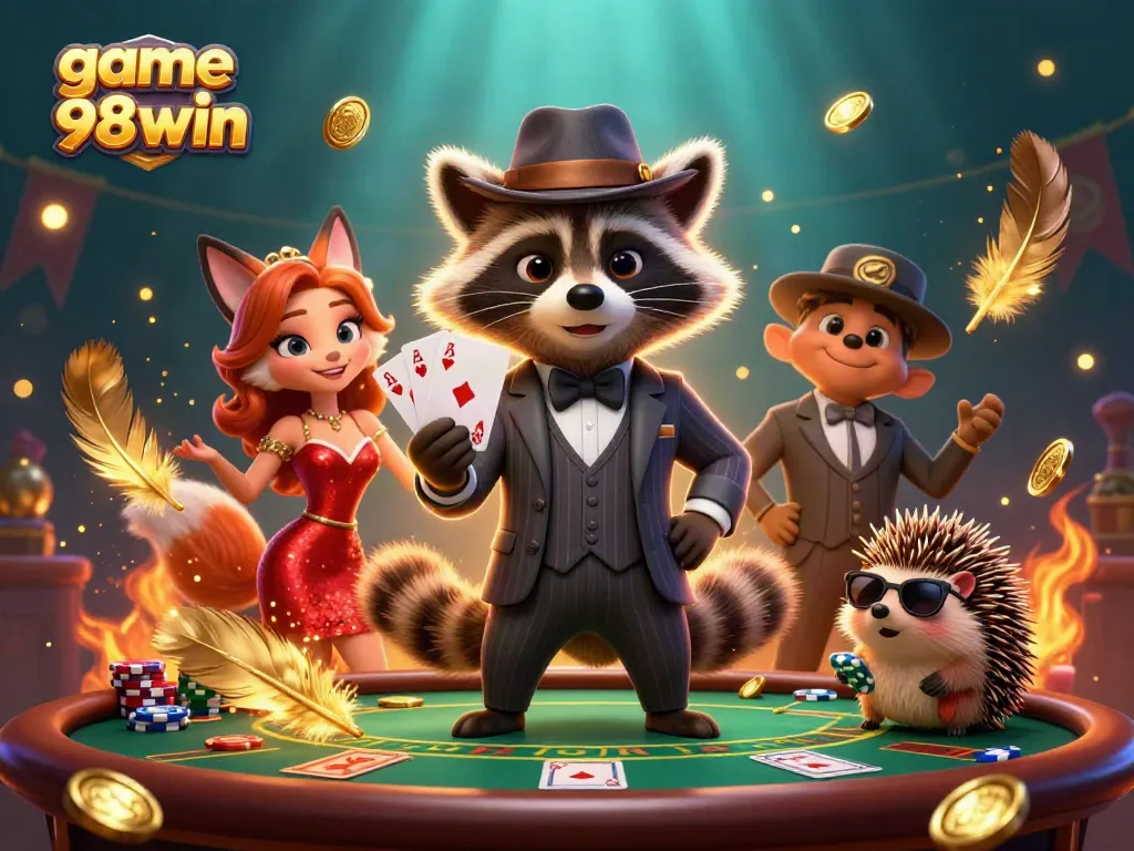 Engage with game 98win in a vibrant casino scene showcasing thrilling poker action and dynamic characters.