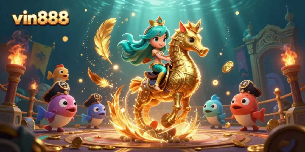 Experience thrilling adventures in vin 888 with a magical mermaid and golden seahorse in a vibrant underwater casino.