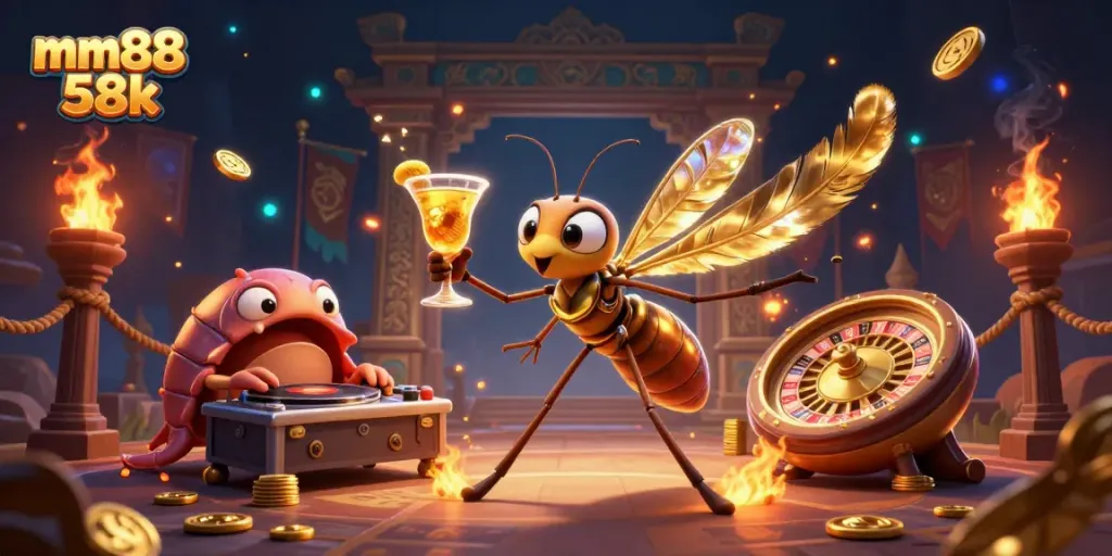Immerse in the vibrant world of mm88 58k, where a frozen mosquito mascot delights with a cocktail amidst a casino scene.