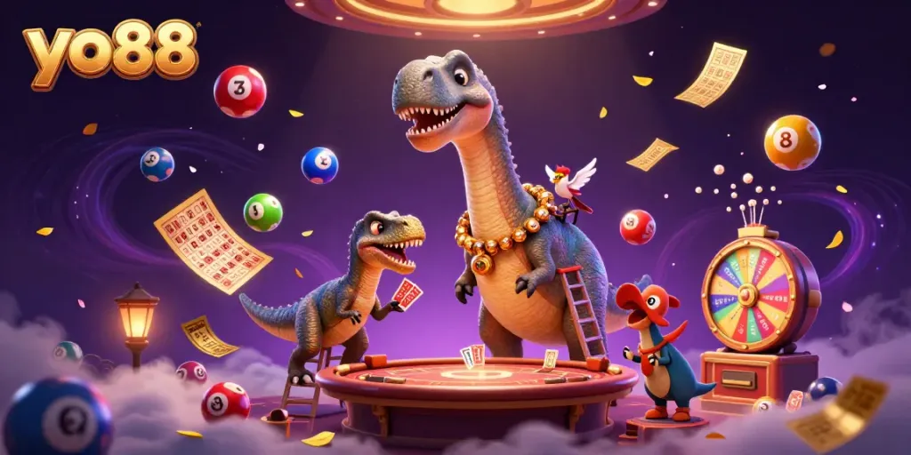 Engage with yo88 at a vibrant casino scene featuring a towering brontosaurus and a clever raptor.