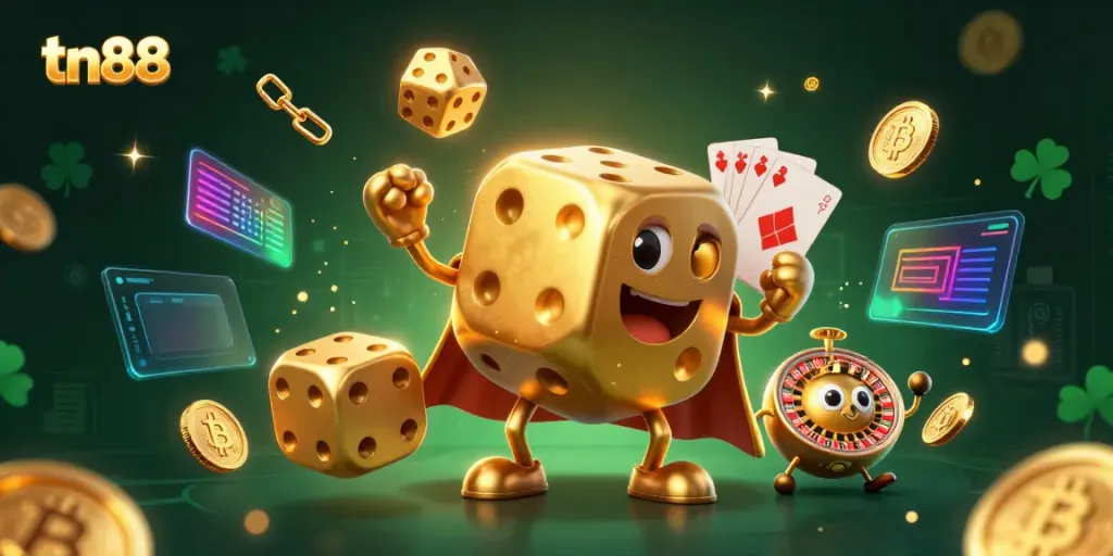 Engage in thrilling games at tn88, illustrated with a vibrant 3D scene featuring golden dice, crypto coins, and lively casino elements.