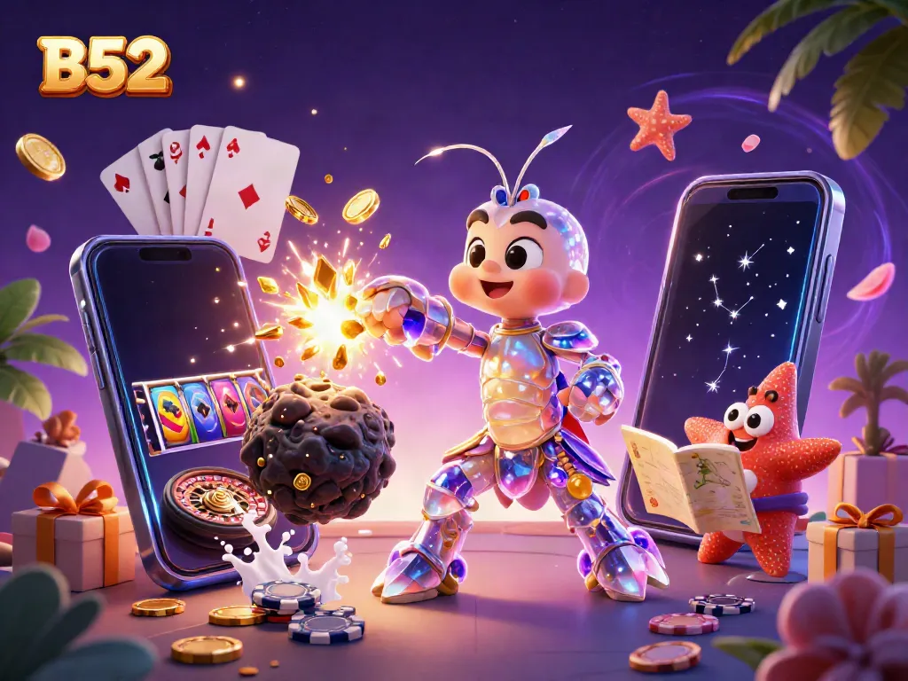 B52 samurai shrimp battles an asteroid, surrounded by colorful casino elements, creating a vibrant gambling scene.