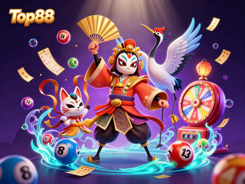 Experience the vibrant energy of Top88 with colorful lottery elements and dynamic characters celebrating gaming.