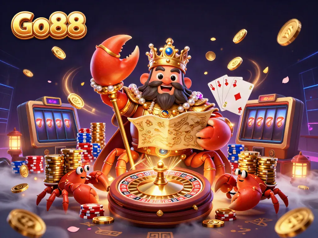 Experience exciting gaming at Go88 with a golden crab emperor, thrilling casino elements, and vibrant visuals.