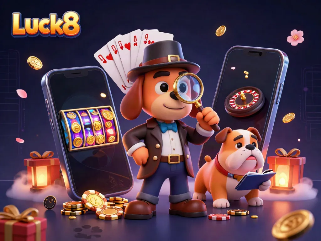 Experience intense gameplay at Luck8 with detective characters discovering poker chips amidst vibrant casino elements