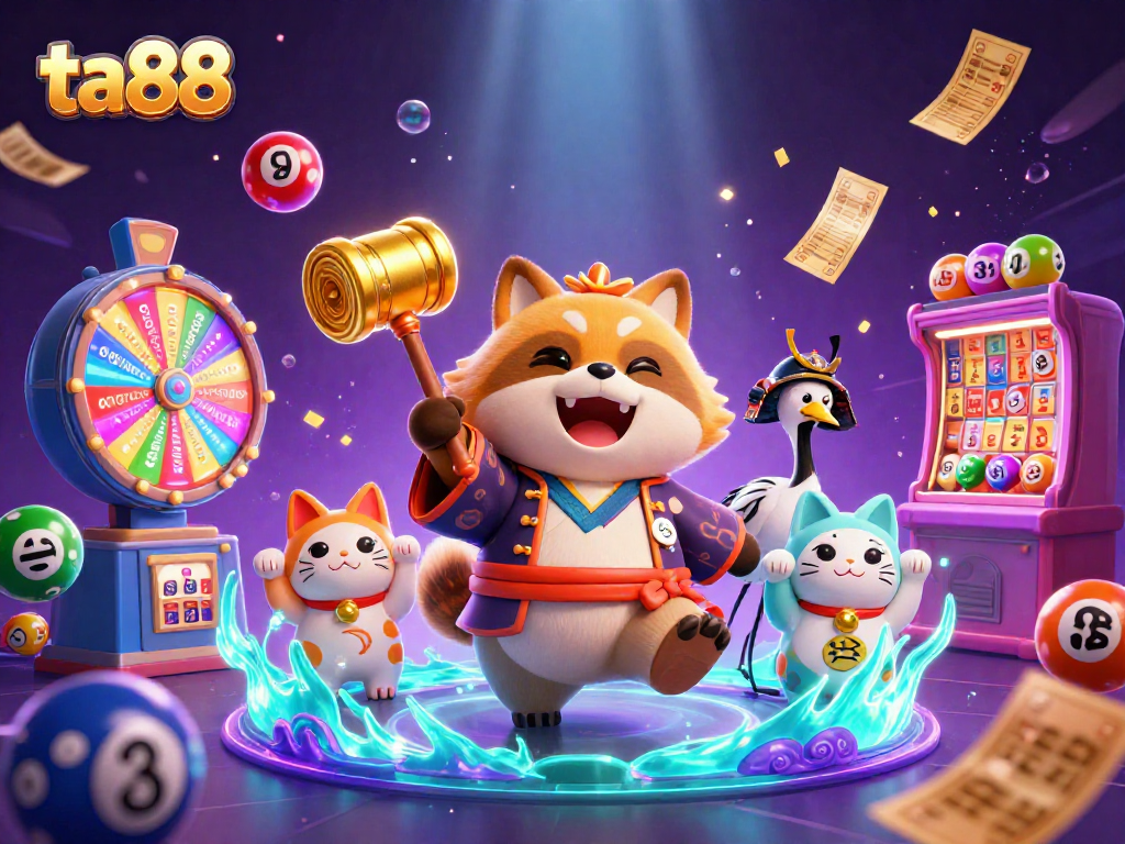 Experience ta88 with a joyful tanuki and colorful gambling elements creating a festive casino scene.