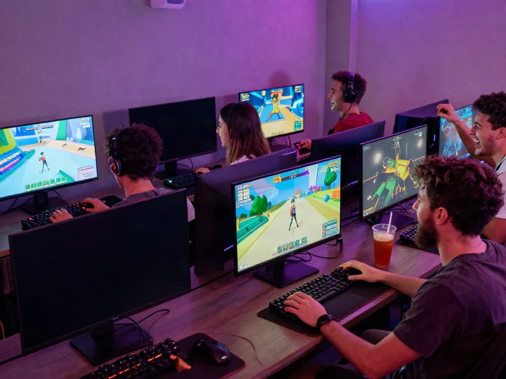 Friends enjoying a lively gaming session in a colorful lounge with multiple screens, illustrating the spirit of kilat 404.