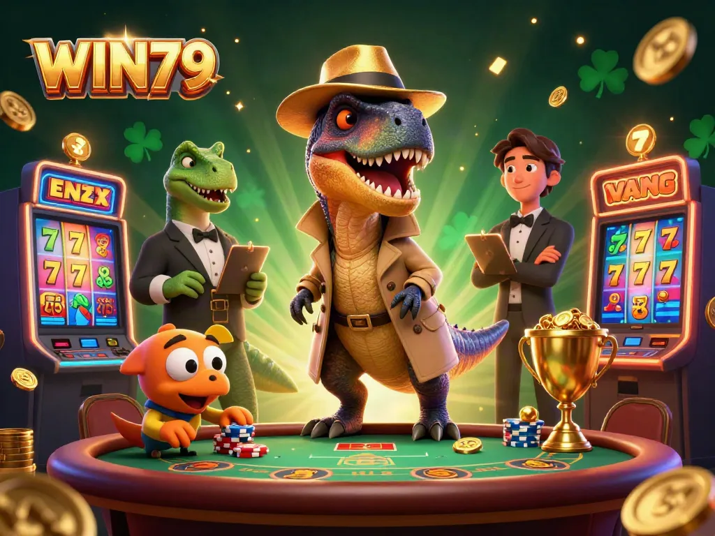 Win79 lively casino illustration featuring a dinosaur card counter, stegosaurus pit boss, and a sneaky pickpocket.
