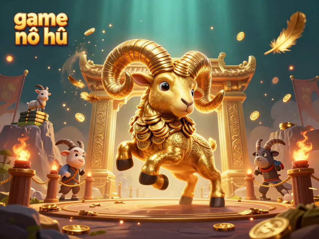 Engaging scene of game nổ hũ with a golden ram charging through a rich casino landscape.