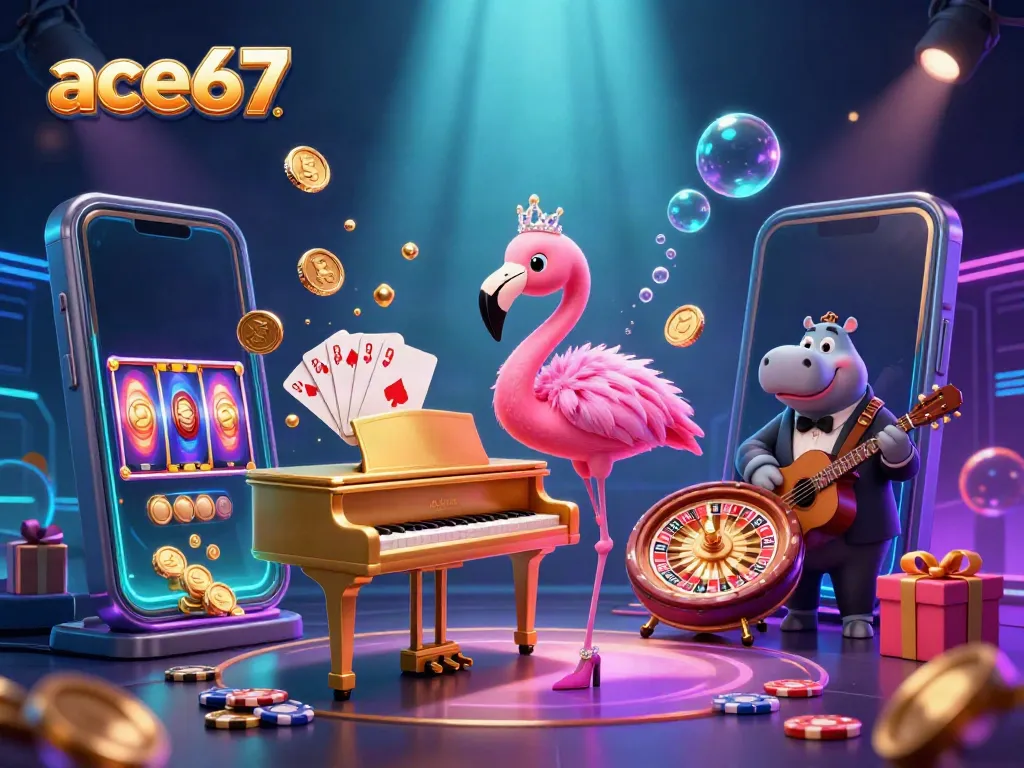 Engaging scene of ace67 with a flamingo singer, hippo bassist, and vibrant casino elements, showcasing dynamic gaming action.