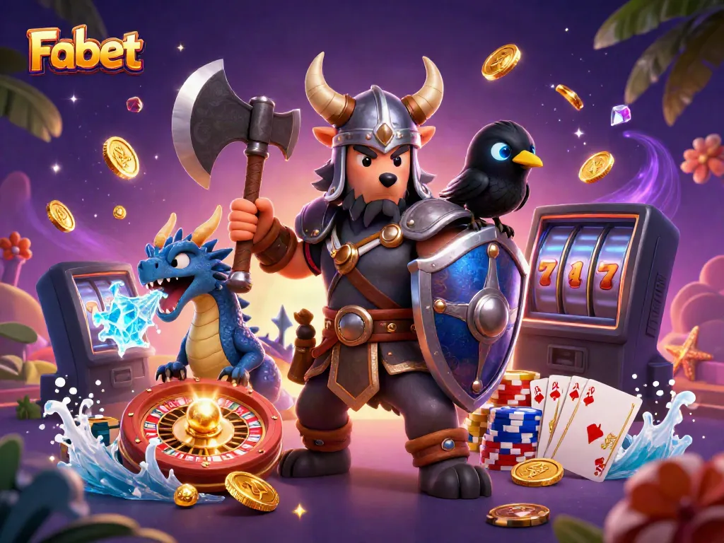 Engaging Fabet casino illustration showcasing a Viking wolf warrior, ice-breathing dragon, and vivid gaming elements.