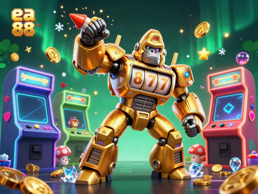 Engage with the thrilling world of ea 88 slots featuring a golden mech and vibrant gaming machines.