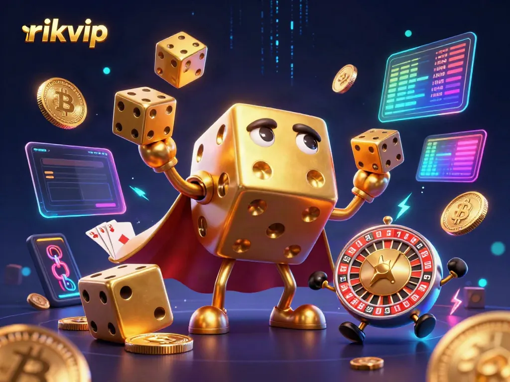 Experience the thrill of rikvip with dynamic gaming action featuring a golden dice golem and crypto elements.
