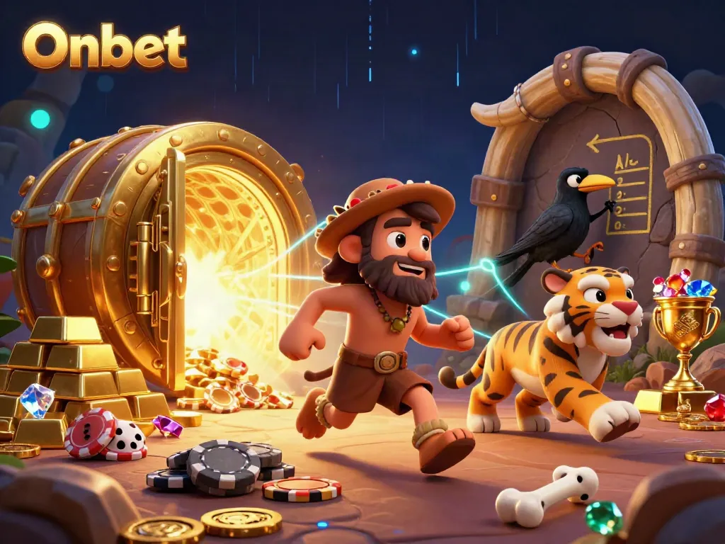 Experience Onbet's prehistoric casino with caveman characters, poker chips, and rich gold elements.