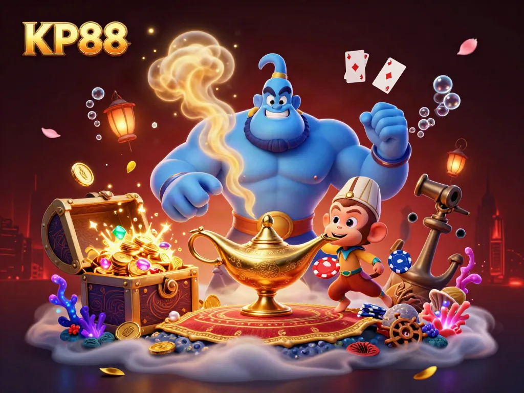 Experience an exciting scene with KP88 featuring a genie, treasure, and casino elements.